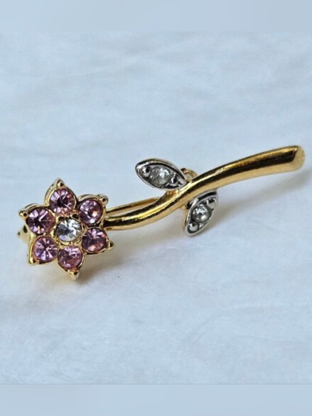 90's SH Avon Pink Rhinestone Flower Lapel Pin Dainty Floral Gold Tone Pinback